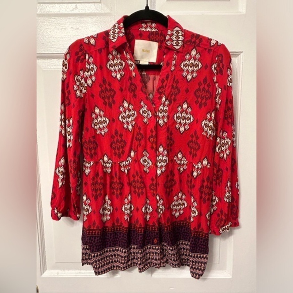 Anthropologie Maeve Red Aztec Whimsy Blouse | Collar | Button Up | Size 6